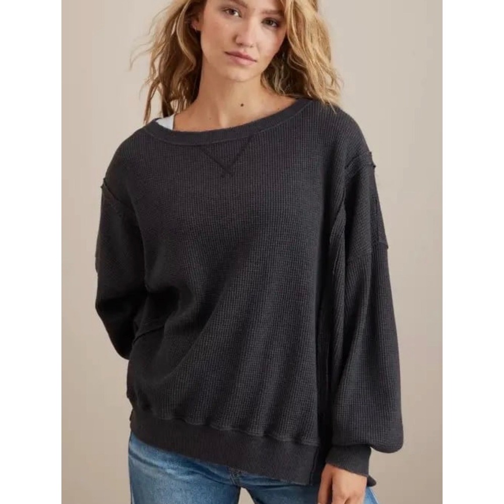 American Eagle Seriously Lived-In Waffle Knit Thermal Top Charcoal Grey XL NWT
